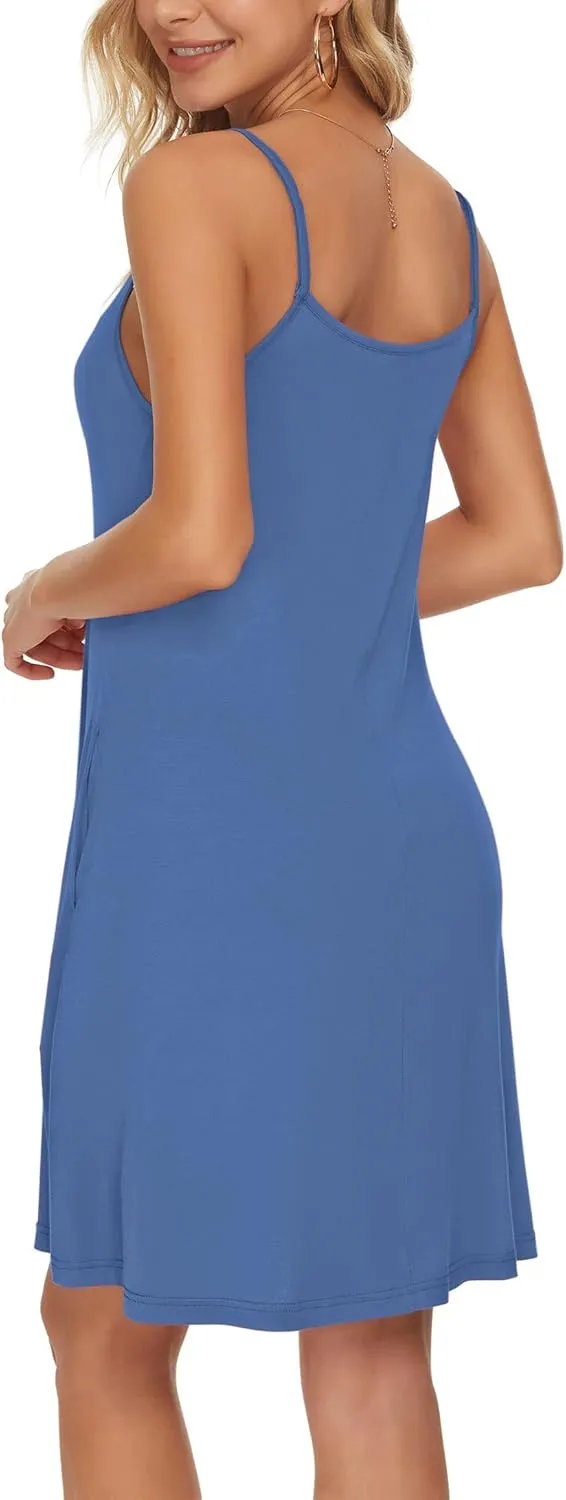 MISFAY Women's Summer Spaghetti Strap Casual Swing Tank Beach Cover Up Dress with Pockets