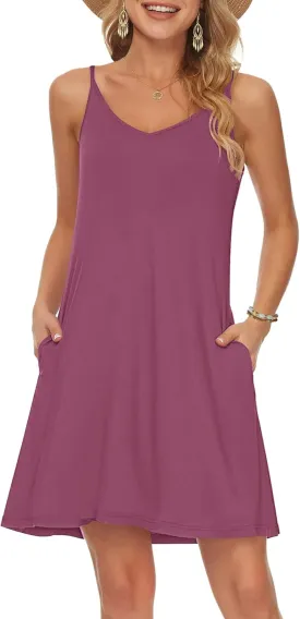 MISFAY Women's Summer Spaghetti Strap Casual Swing Tank Beach Cover Up Dress with Pockets