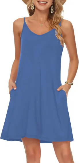 MISFAY Women's Summer Spaghetti Strap Casual Swing Tank Beach Cover Up Dress with Pockets
