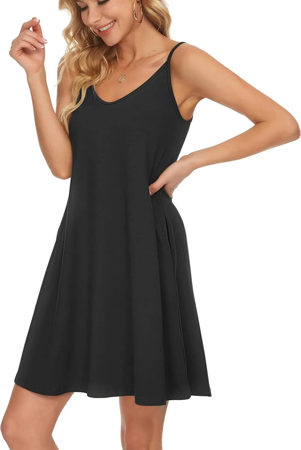 MISFAY Women's Summer Spaghetti Strap Casual Swing Tank Beach Cover Up Dress with Pockets