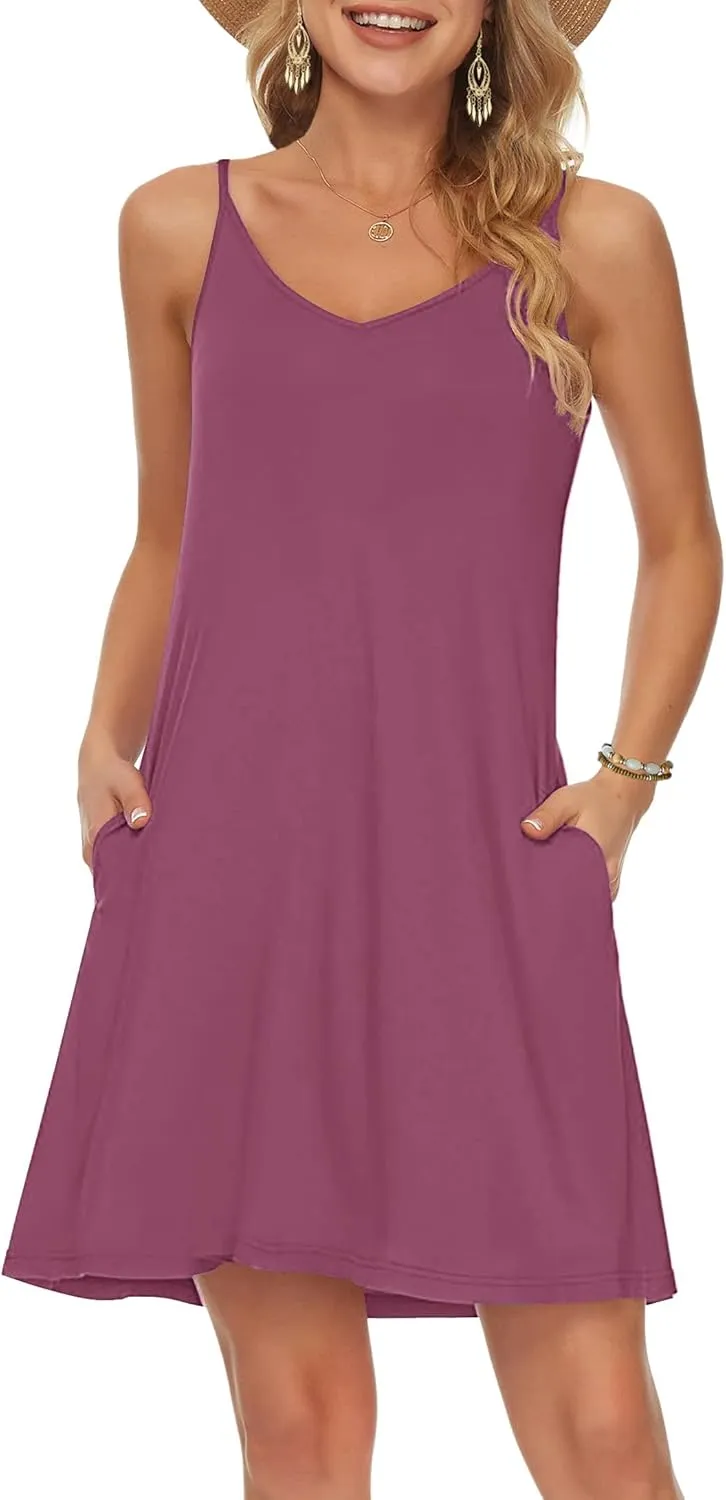 MISFAY Women's Summer Spaghetti Strap Casual Swing Tank Beach Cover Up Dress with Pockets