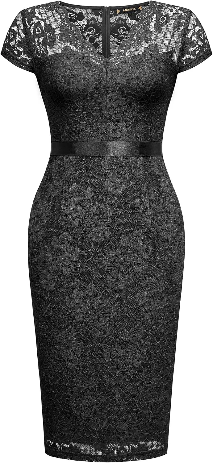 Miusol Women's Retro V Neck Elegant Floral Lace Short Sleeve Cocktail Dress