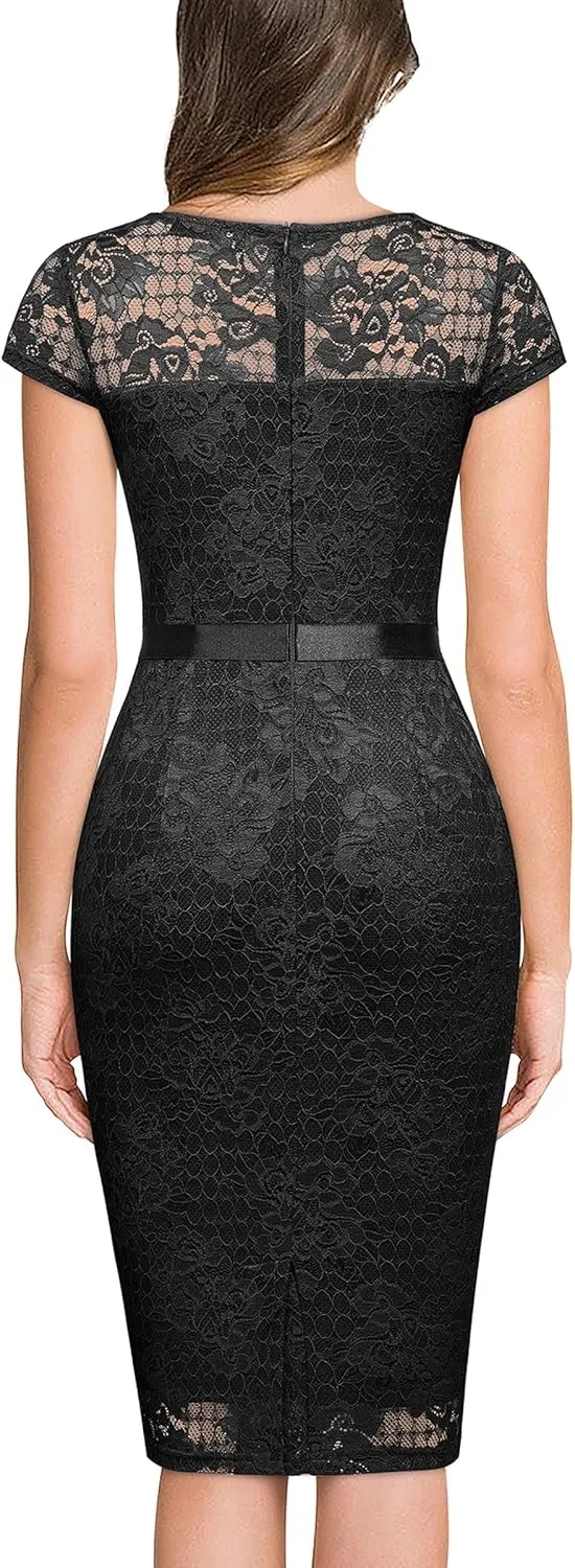 Miusol Women's Retro V Neck Elegant Floral Lace Short Sleeve Cocktail Dress