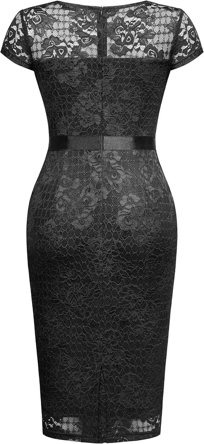 Miusol Women's Retro V Neck Elegant Floral Lace Short Sleeve Cocktail Dress