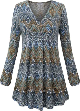 MOQIVGI Womens V Neck Long Sleeve Fashion Casual Blouse Top A-line Flowy Tunic Shirt