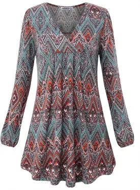 MOQIVGI Womens V Neck Long Sleeve Fashion Casual Blouse Top A-line Flowy Tunic Shirt