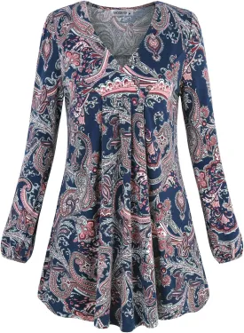 MOQIVGI Womens V Neck Long Sleeve Fashion Casual Blouse Top A-line Flowy Tunic Shirt