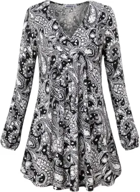 MOQIVGI Womens V Neck Long Sleeve Fashion Casual Blouse Top A-line Flowy Tunic Shirt