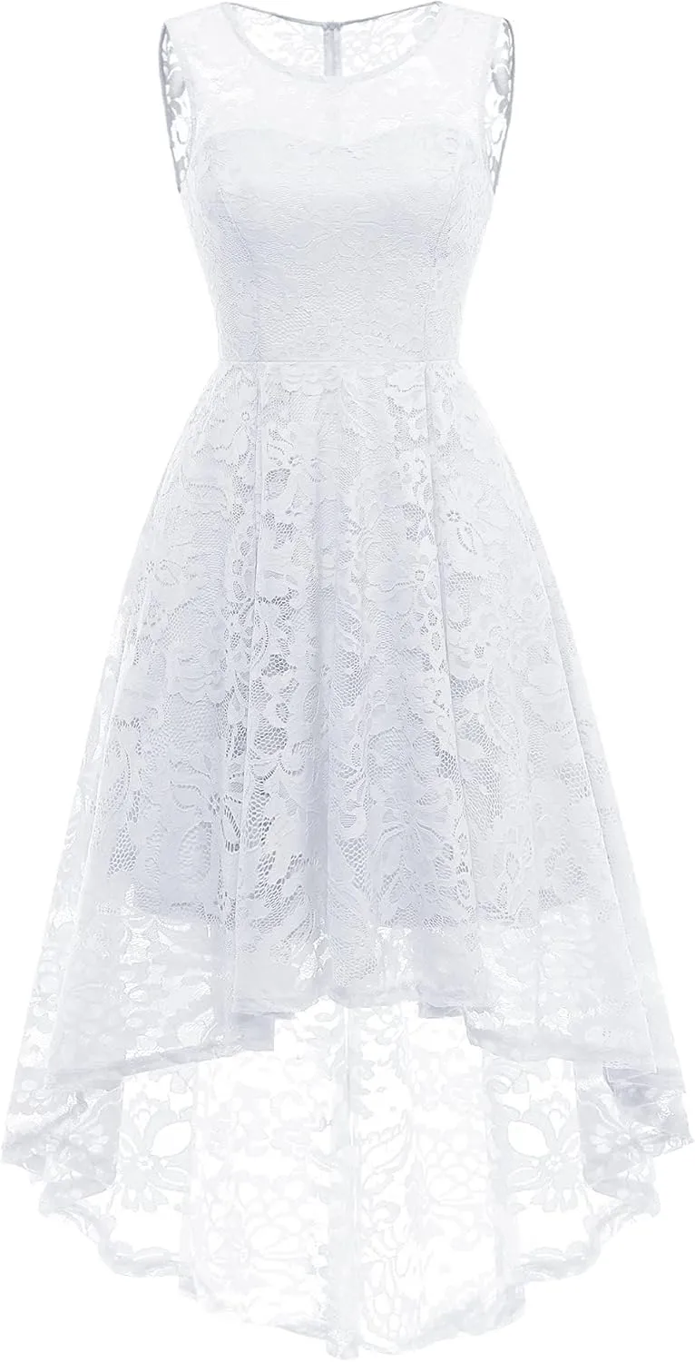 MUADRESS Women's Elegant Floral Lace Dress Sleeveless Crew Neck Hi-Lo Cocktail Dress for Evening Party