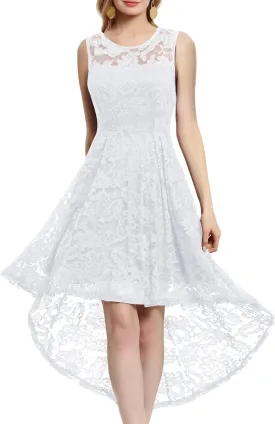 MUADRESS Women's Elegant Floral Lace Dress Sleeveless Crew Neck Hi-Lo Cocktail Dress for Evening Party