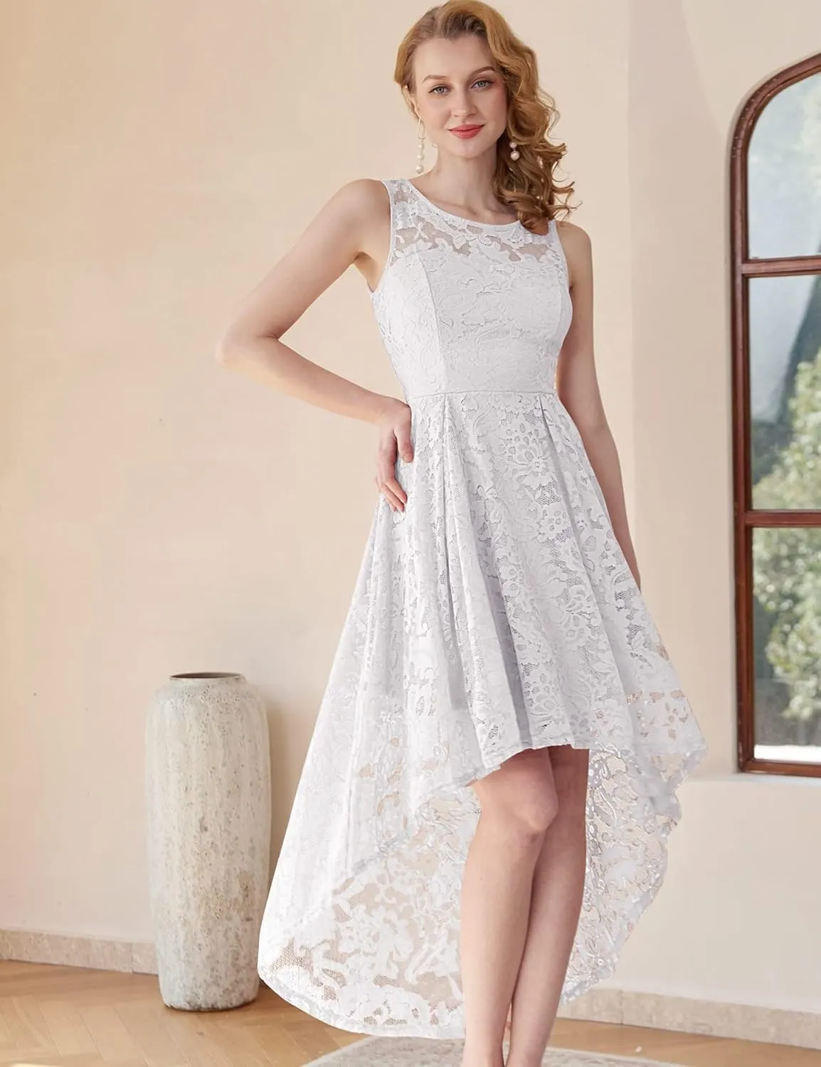 MUADRESS Women's Elegant Floral Lace Dress Sleeveless Crew Neck Hi-Lo Cocktail Dress for Evening Party