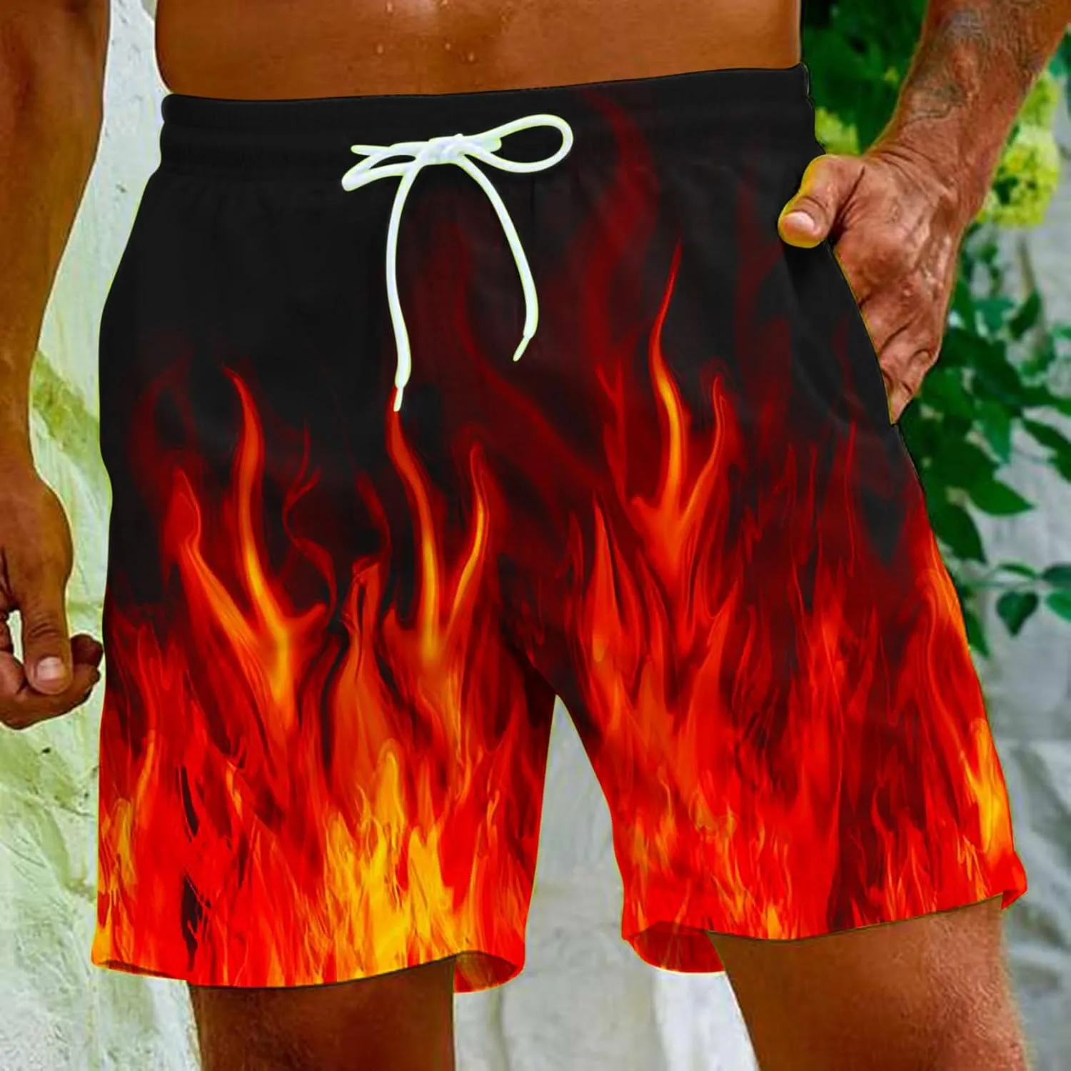 Muscularfit Swimsuit for Men 2024 Trendy Drawstring Quick Dry Swim Trunks with Pockets Casual Flame Print Beach Bathing Suits