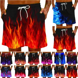Muscularfit Swimsuit for Men 2024 Trendy Drawstring Quick Dry Swim Trunks with Pockets Casual Flame Print Beach Bathing Suits