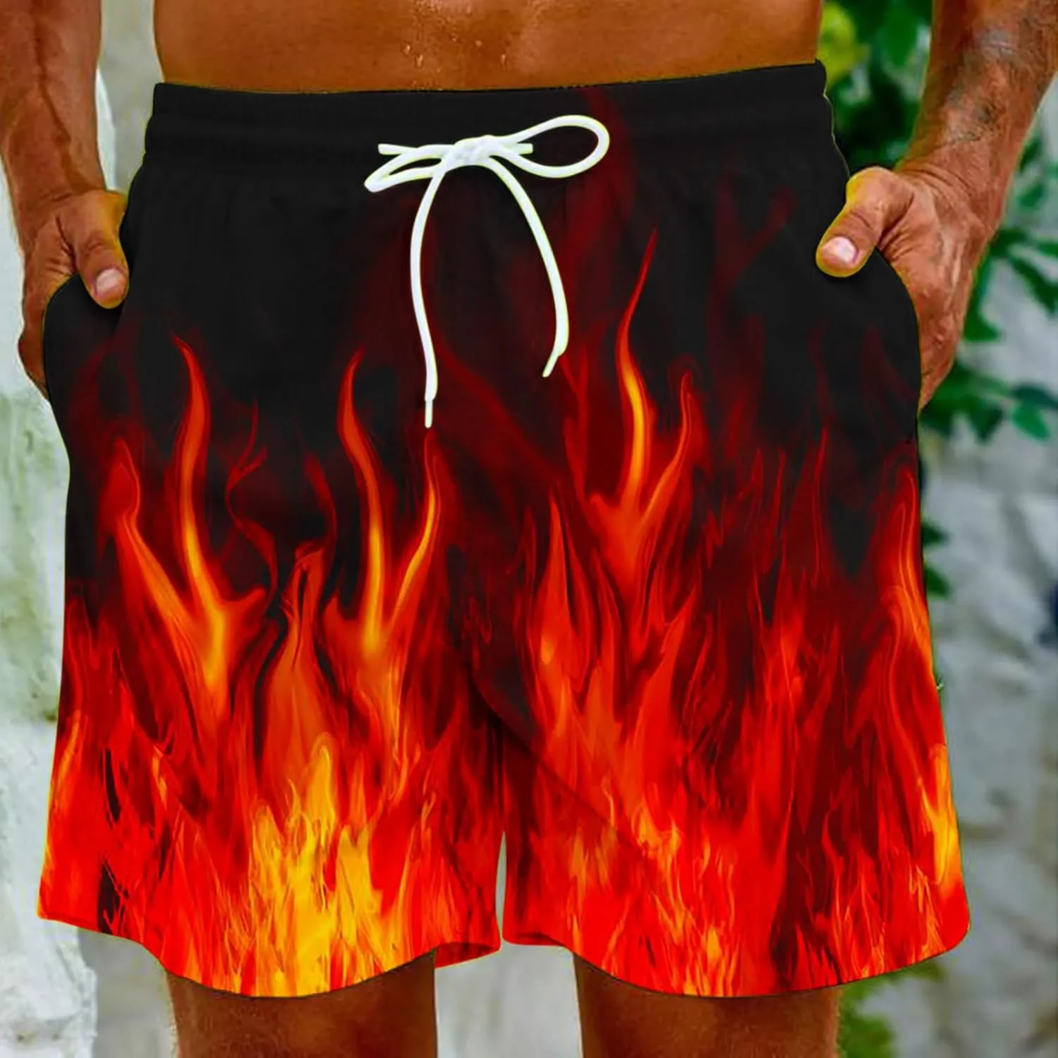 Muscularfit Swimsuit for Men 2024 Trendy Drawstring Quick Dry Swim Trunks with Pockets Casual Flame Print Beach Bathing Suits