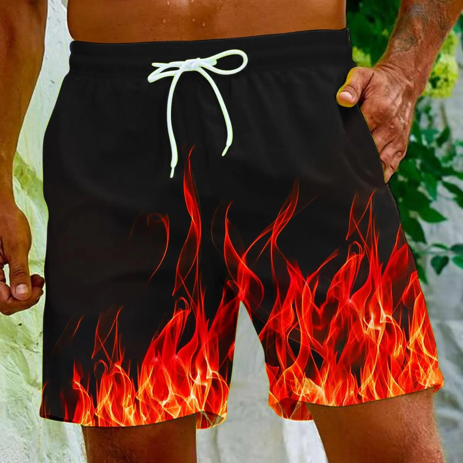 Muscularfit Swimsuit for Men 2024 Trendy Drawstring Quick Dry Swim Trunks with Pockets Casual Flame Print Beach Bathing Suits