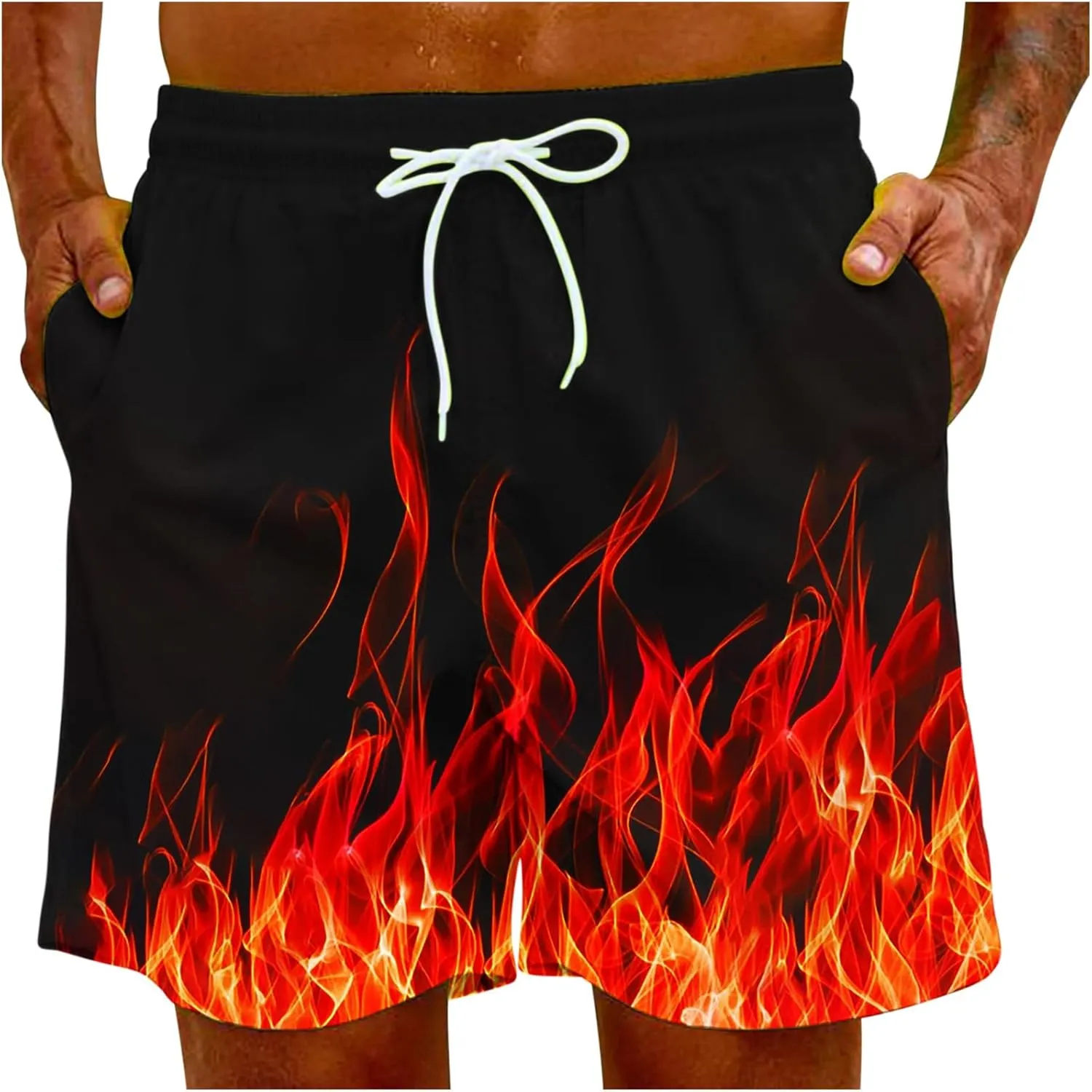 Muscularfit Swimsuit for Men 2024 Trendy Drawstring Quick Dry Swim Trunks with Pockets Casual Flame Print Beach Bathing Suits