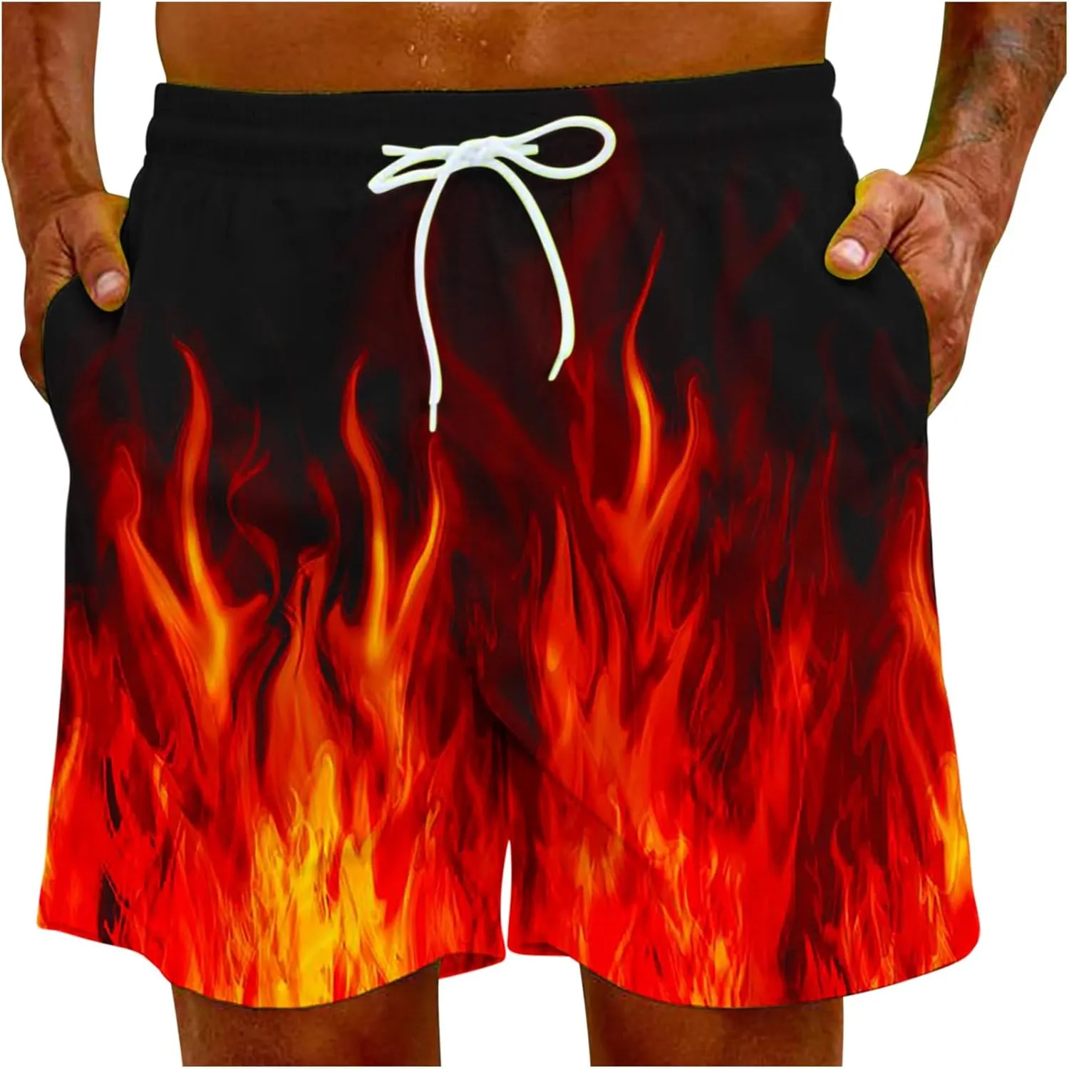 Muscularfit Swimsuit for Men 2024 Trendy Drawstring Quick Dry Swim Trunks with Pockets Casual Flame Print Beach Bathing Suits