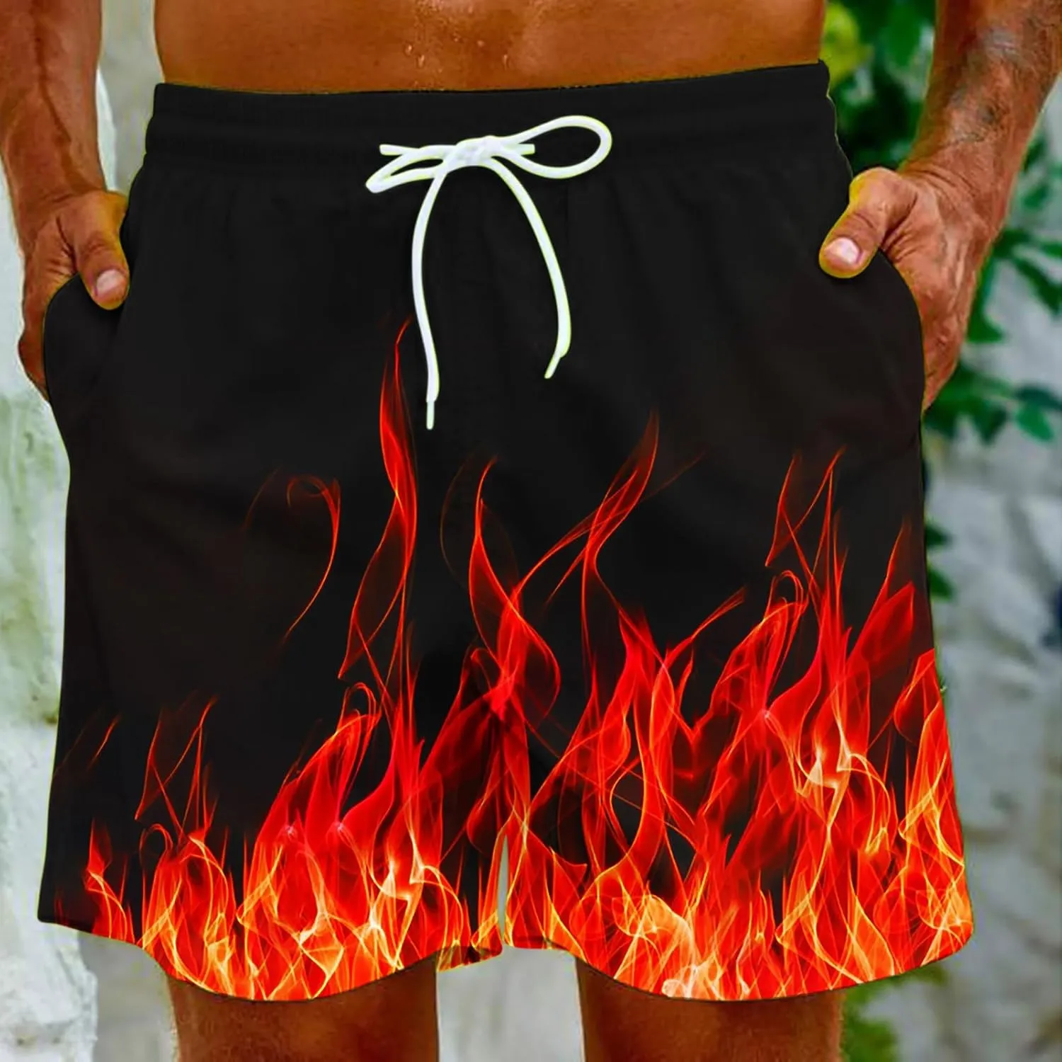 Muscularfit Swimsuit for Men 2024 Trendy Drawstring Quick Dry Swim Trunks with Pockets Casual Flame Print Beach Bathing Suits
