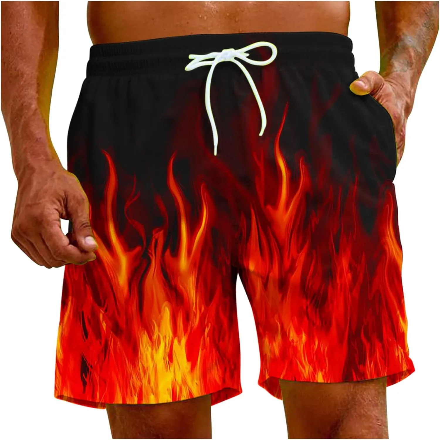 Muscularfit Swimsuit for Men 2024 Trendy Drawstring Quick Dry Swim Trunks with Pockets Casual Flame Print Beach Bathing Suits