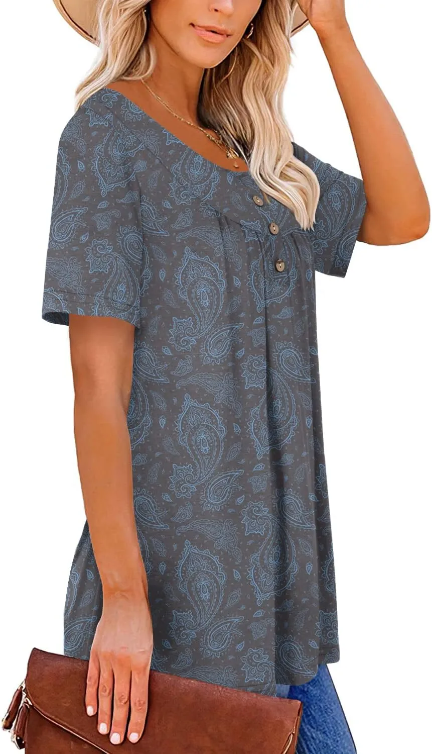 Mystry Zone Womens Henley V Neck Casual Blouse Button Down T Shirts Flare and Flowy Tops