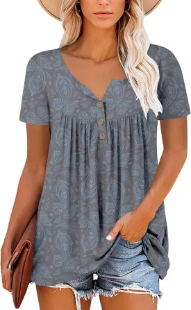 Mystry Zone Womens Henley V Neck Casual Blouse Button Down T Shirts Flare and Flowy Tops