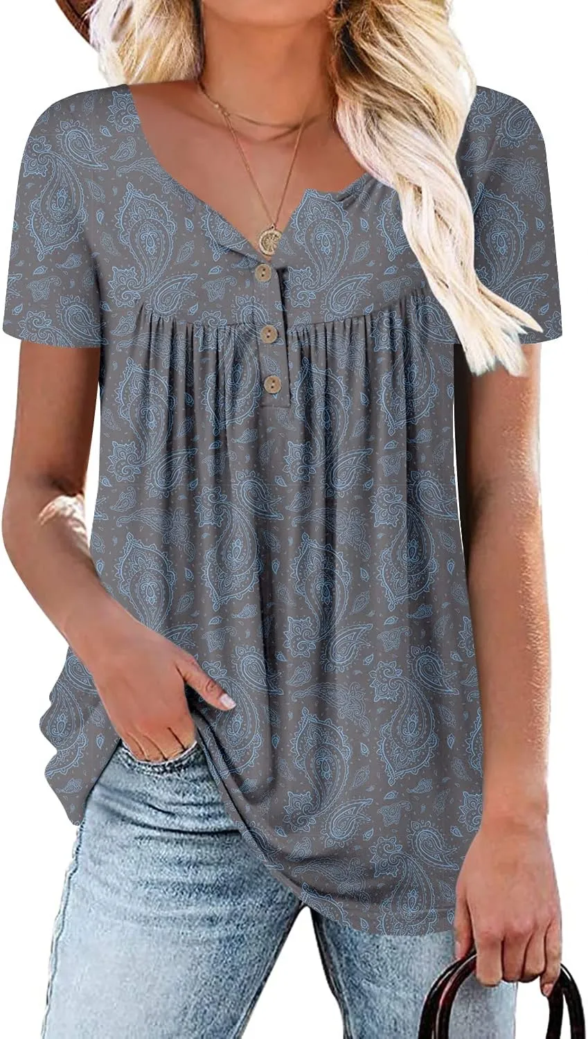 Mystry Zone Womens Henley V Neck Casual Blouse Button Down T Shirts Flare and Flowy Tops