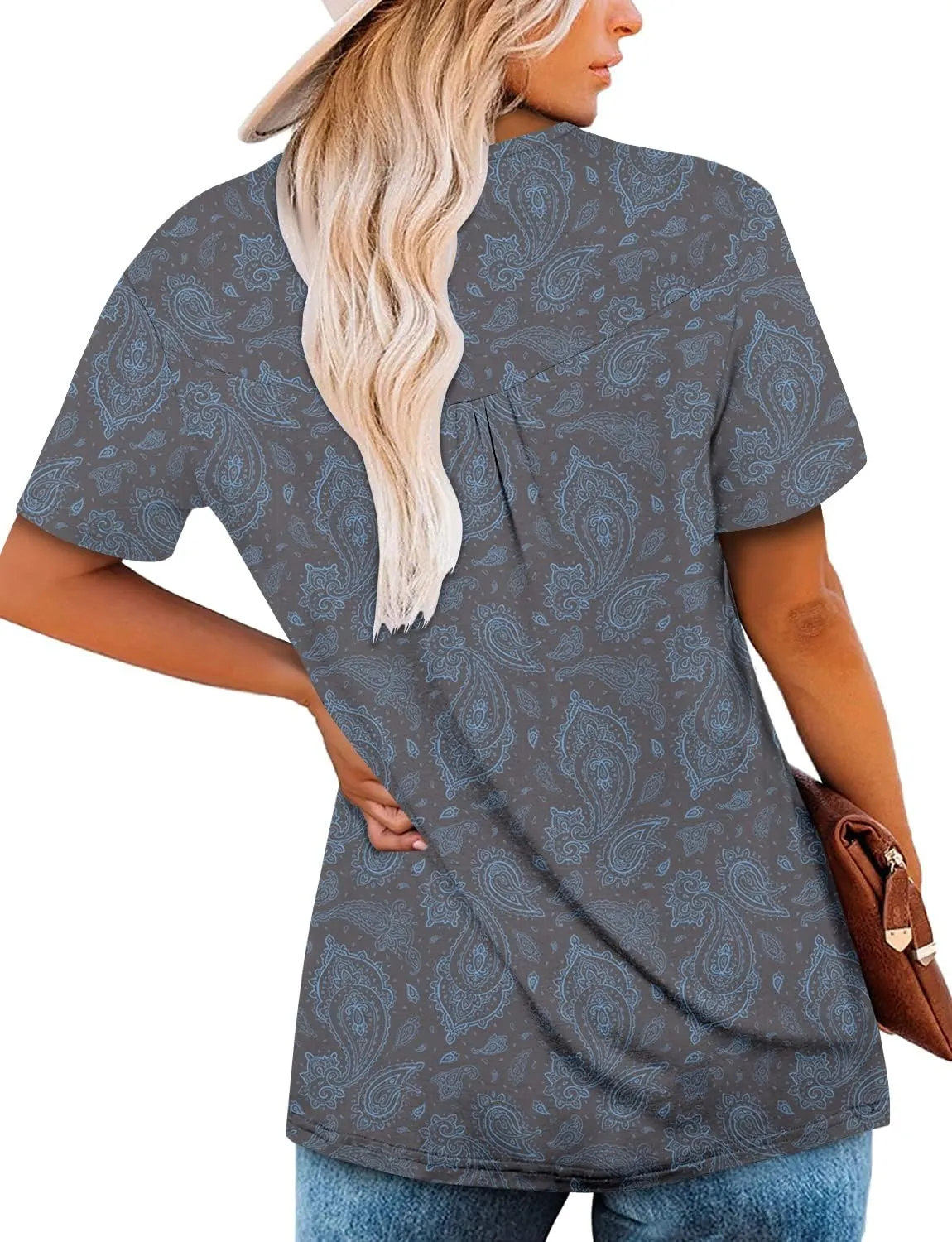 Mystry Zone Womens Henley V Neck Casual Blouse Button Down T Shirts Flare and Flowy Tops