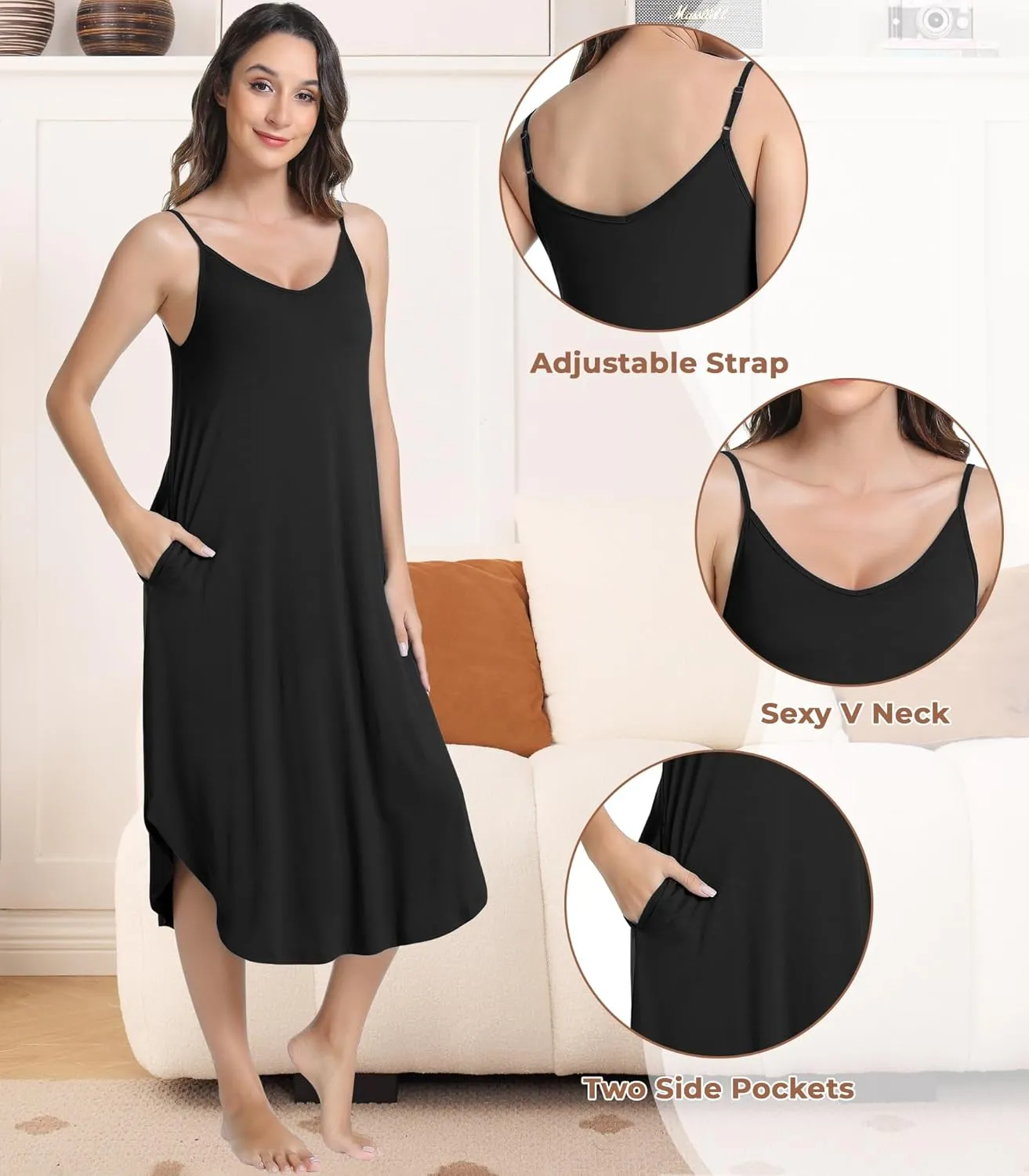 NACHILA Women's Full Slips for Under Dresses Adjustable Spaghetti Straps Slip Dress Soft Nightgowns,Viscose made from Bamboo