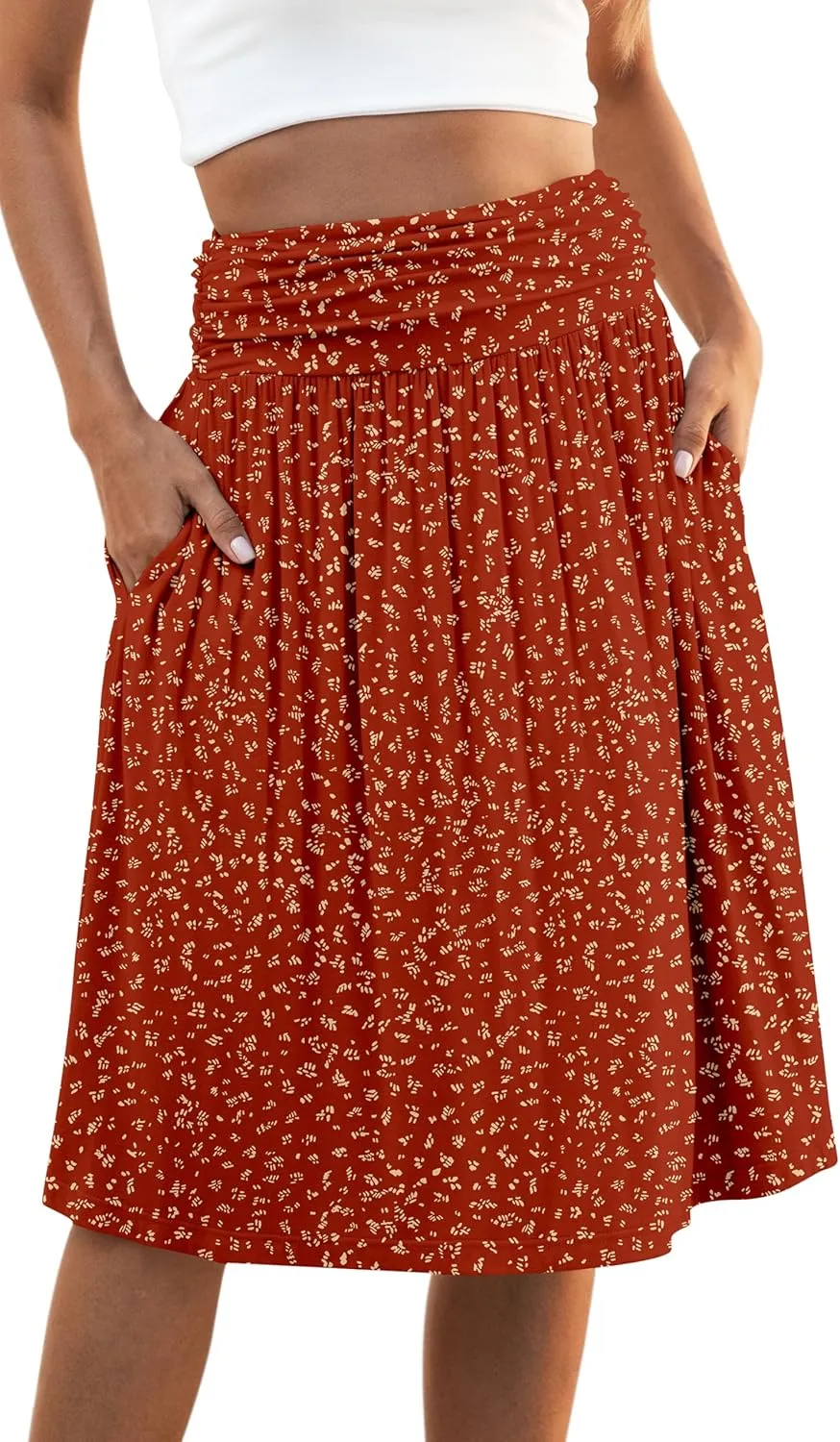 Naggoo Womens Summer Elastic High Waisted Midi Skirts Flowy Aline Knee Length Skirt with Pockets S-XXXL