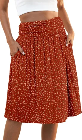 Naggoo Womens Summer Elastic High Waisted Midi Skirts Flowy Aline Knee Length Skirt with Pockets S-XXXL