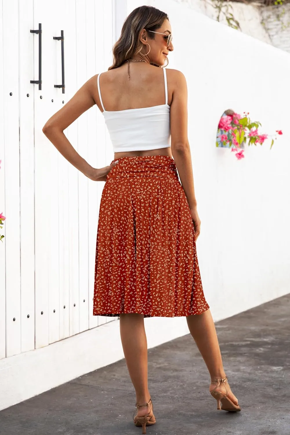 Naggoo Womens Summer Elastic High Waisted Midi Skirts Flowy Aline Knee Length Skirt with Pockets S-XXXL