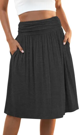 Naggoo Womens Summer Elastic High Waisted Midi Skirts Flowy Aline Knee Length Skirt with Pockets S-XXXL