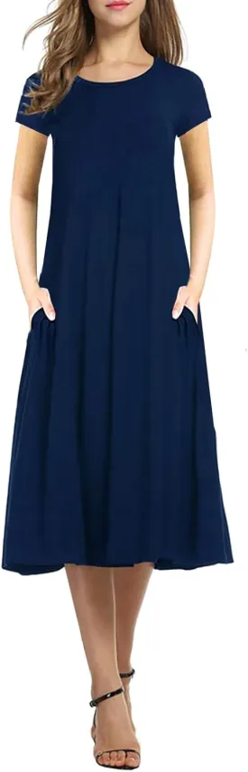 Necooer Women's Casual Loose Plain Pleated Long Dress Short Sleeve Midi Dresses