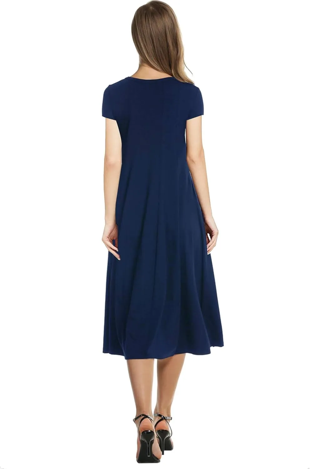 Necooer Women's Casual Loose Plain Pleated Long Dress Short Sleeve Midi Dresses