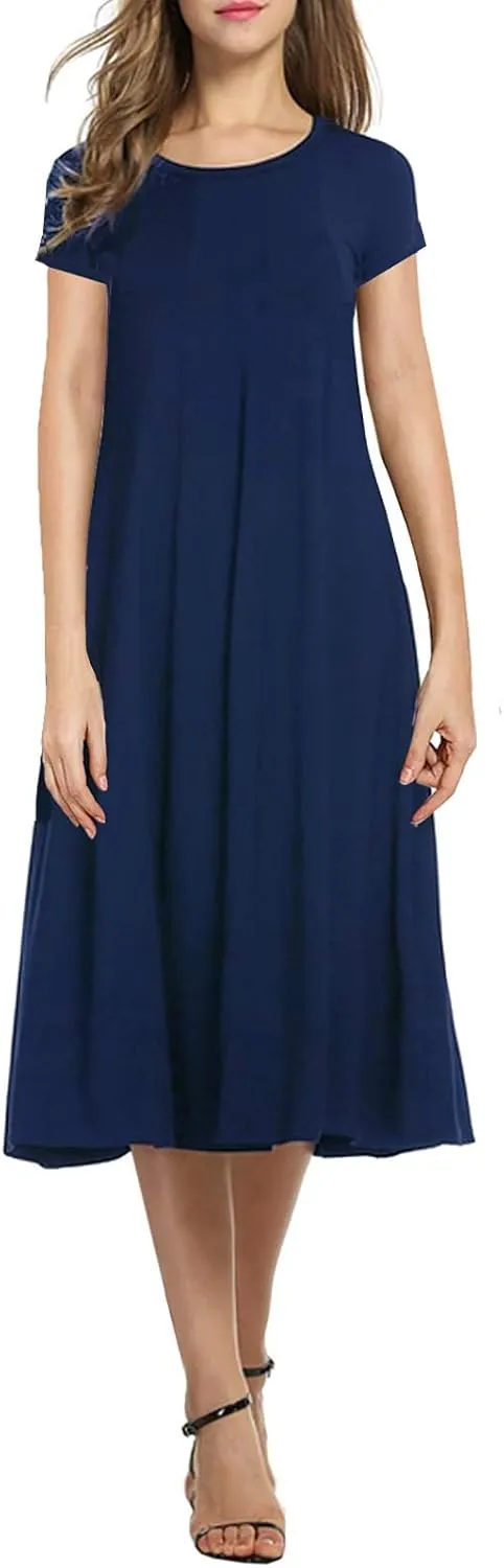 Necooer Women's Casual Loose Plain Pleated Long Dress Short Sleeve Midi Dresses