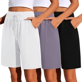 Neer 3 Pack Cotton Bermuda Shorts for Women Wide Leg High Waisted Drawstring Gym Shorts with Pocket