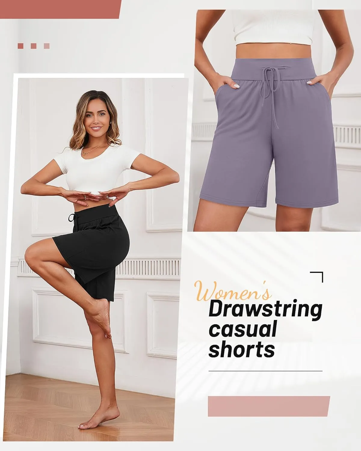 Neer 3 Pack Cotton Bermuda Shorts for Women Wide Leg High Waisted Drawstring Gym Shorts with Pocket