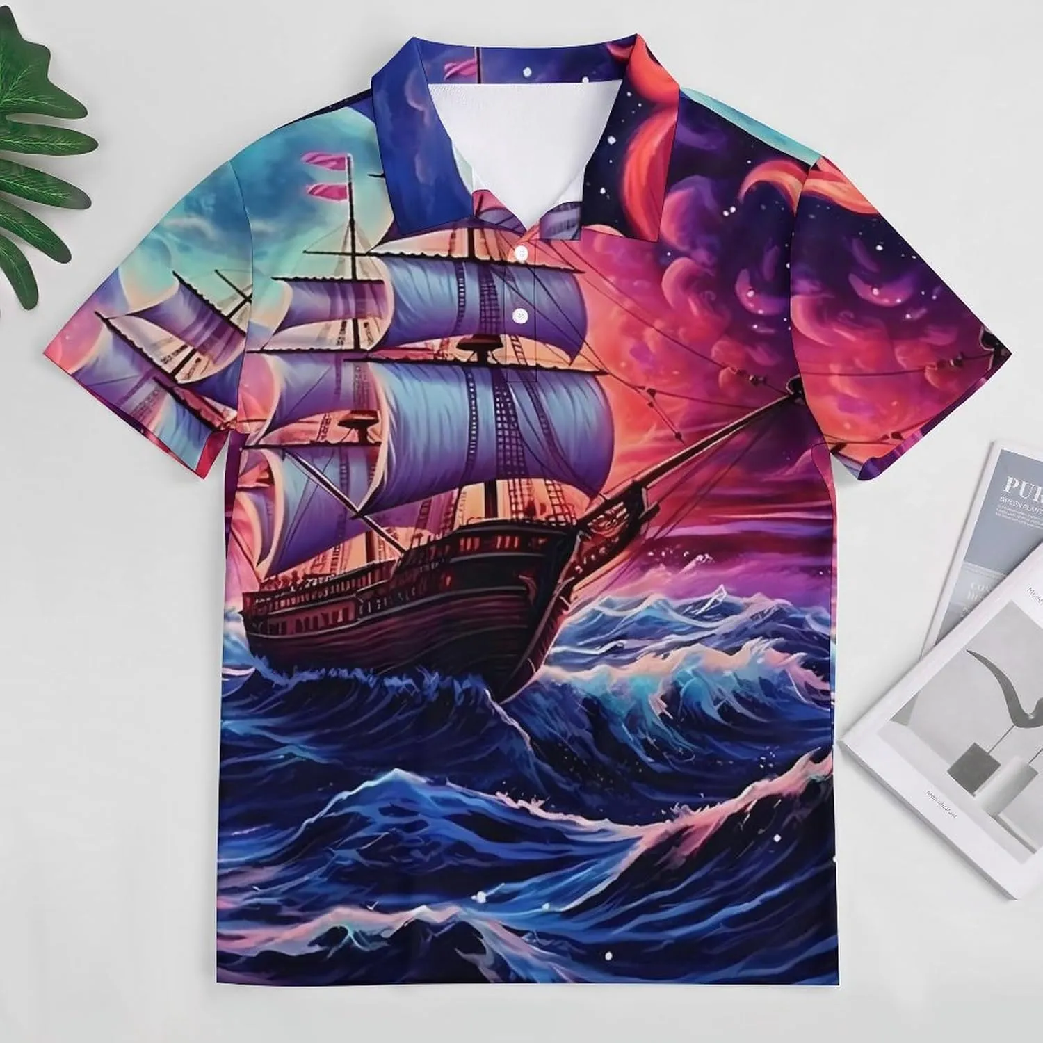 Neon Ocean Wave Boat Mens Short Sleeve Polo Shirts Straight Sports Golf Tennis T-Shirt Quick Dry Long Top