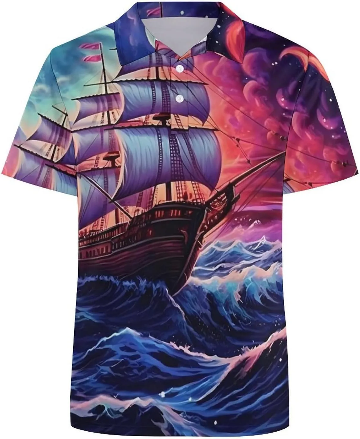 Neon Ocean Wave Boat Mens Short Sleeve Polo Shirts Straight Sports Golf Tennis T-Shirt Quick Dry Long Top