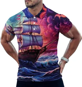 Neon Ocean Wave Boat Mens Short Sleeve Polo Shirts Straight Sports Golf Tennis T-Shirt Quick Dry Long Top
