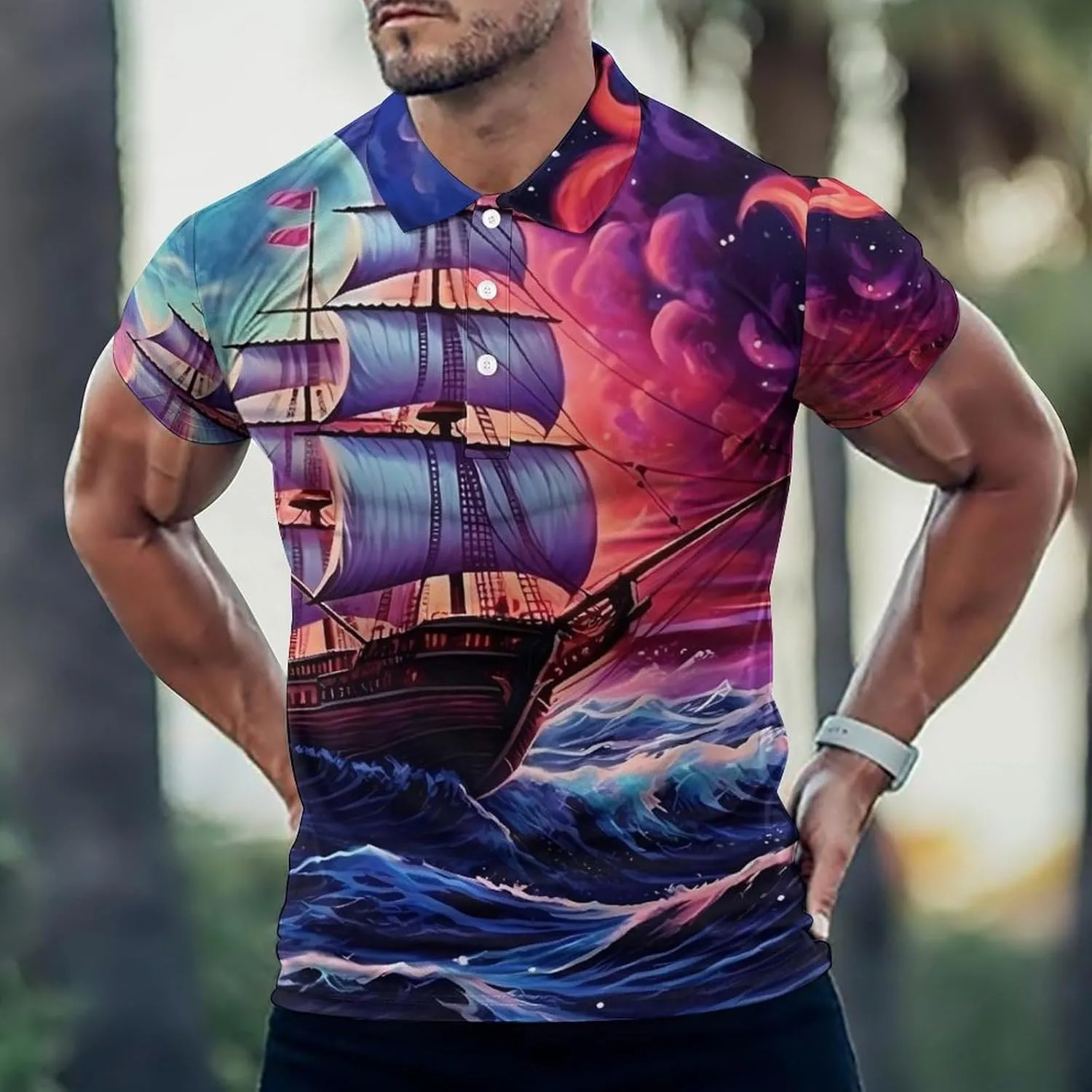 Neon Ocean Wave Boat Mens Short Sleeve Polo Shirts Straight Sports Golf Tennis T-Shirt Quick Dry Long Top