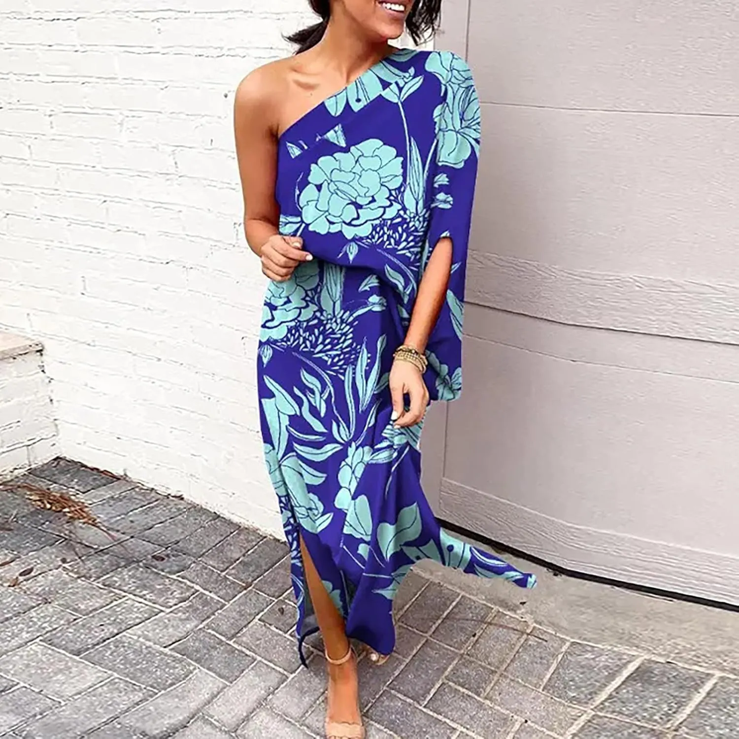 PETYCZEN One Shoulder Dresses for Women Summer Floral Print Batwing Sleeve Ruched Dress Sexy Side Split Club Cocktail Dresses