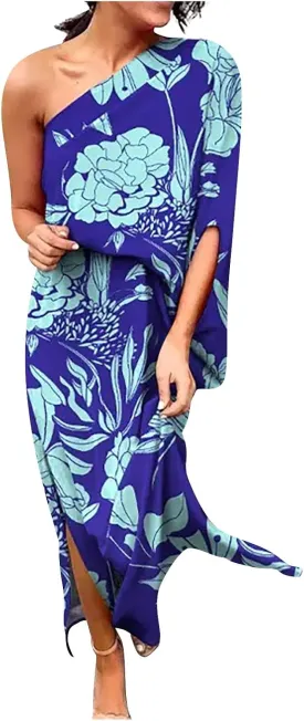 PETYCZEN One Shoulder Dresses for Women Summer Floral Print Batwing Sleeve Ruched Dress Sexy Side Split Club Cocktail Dresses