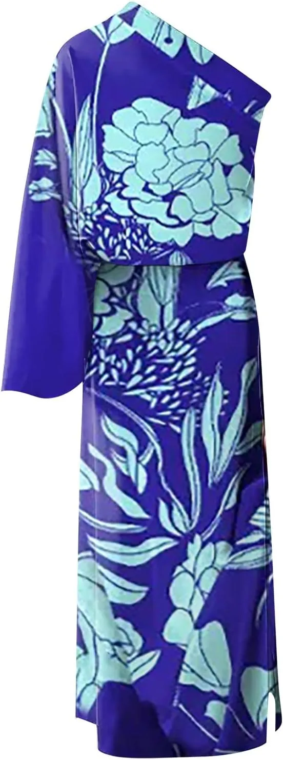 PETYCZEN One Shoulder Dresses for Women Summer Floral Print Batwing Sleeve Ruched Dress Sexy Side Split Club Cocktail Dresses