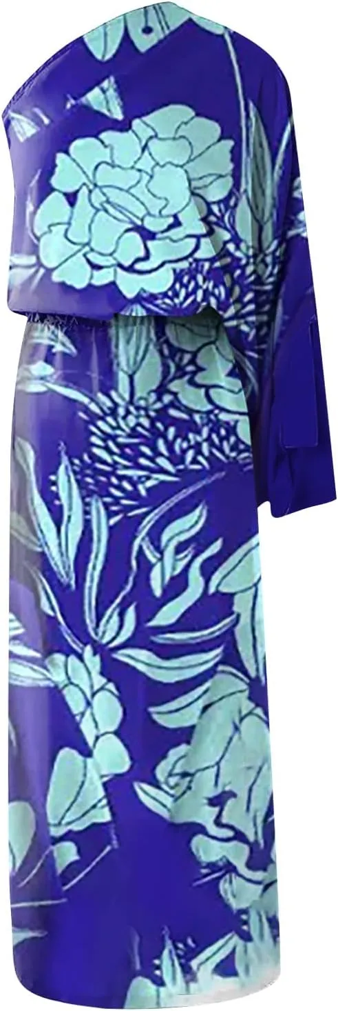 PETYCZEN One Shoulder Dresses for Women Summer Floral Print Batwing Sleeve Ruched Dress Sexy Side Split Club Cocktail Dresses