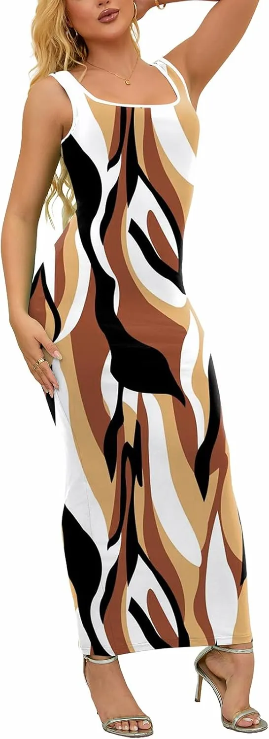 PINSV Women's Sexy Sleeveless Bodycon Tank Dress U Neck Halter Wrap Long Maxi Dresses Casual Party Beach Sundresses