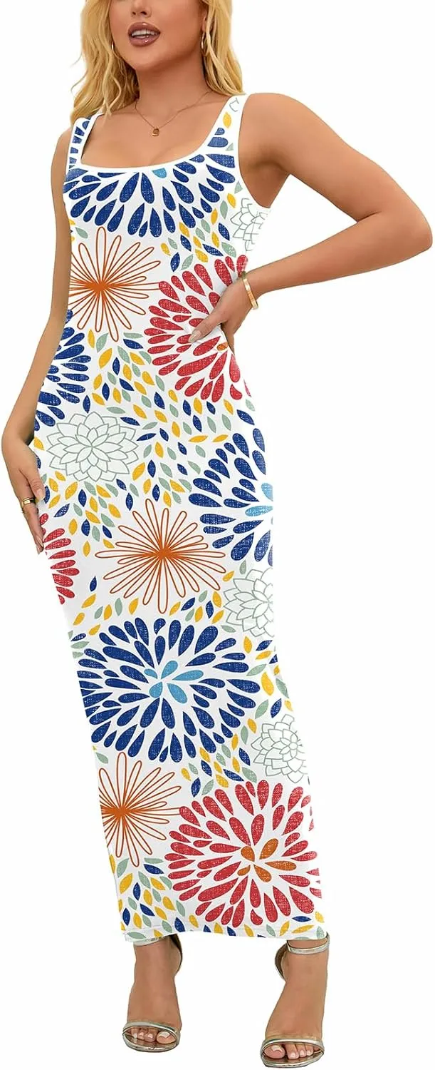 PINSV Women's Sexy Sleeveless Bodycon Tank Dress U Neck Halter Wrap Long Maxi Dresses Casual Party Beach Sundresses
