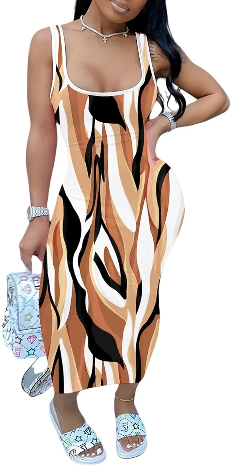 PINSV Women's Sexy Sleeveless Bodycon Tank Dress U Neck Halter Wrap Long Maxi Dresses Casual Party Beach Sundresses