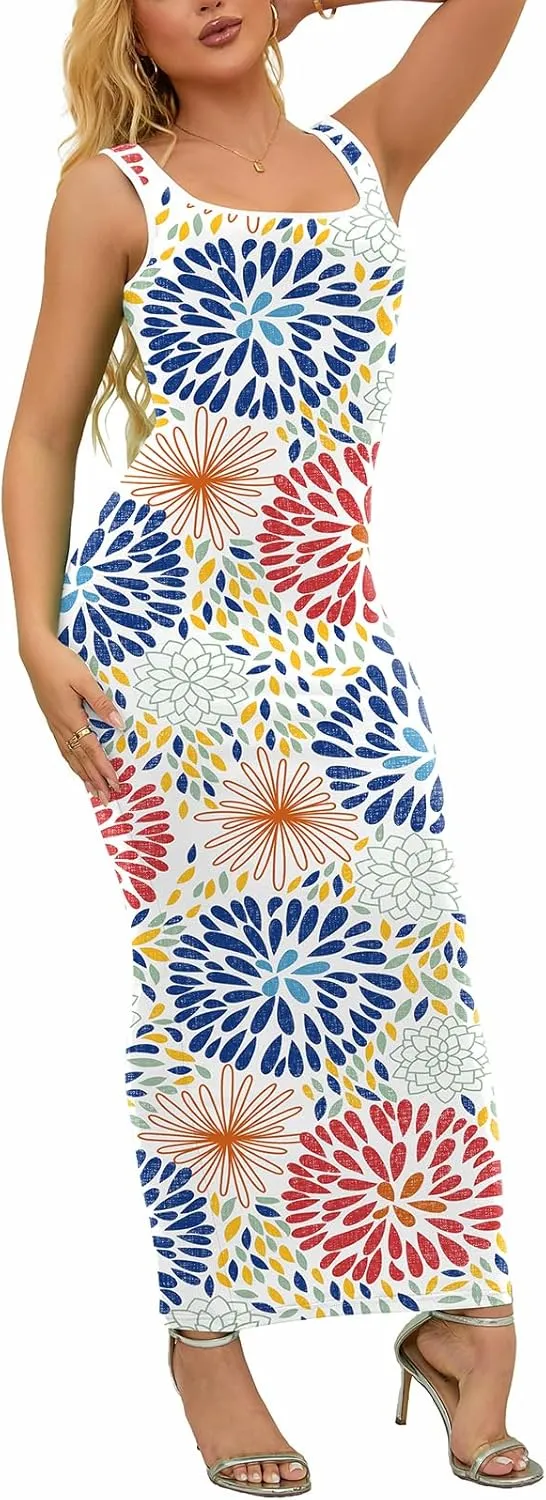 PINSV Women's Sexy Sleeveless Bodycon Tank Dress U Neck Halter Wrap Long Maxi Dresses Casual Party Beach Sundresses