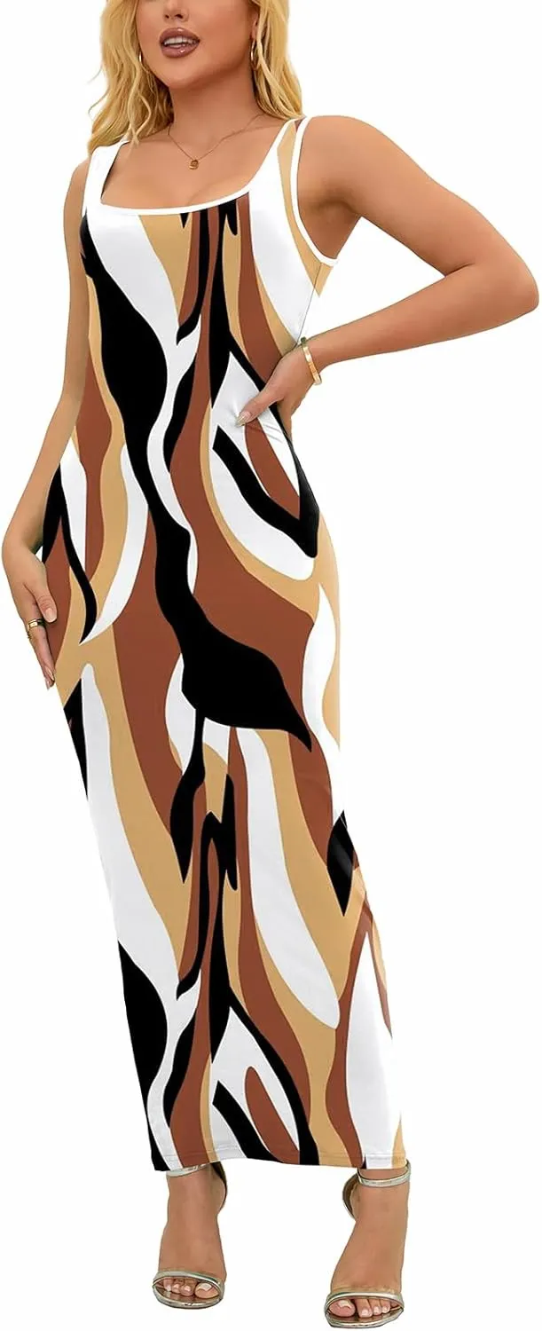 PINSV Women's Sexy Sleeveless Bodycon Tank Dress U Neck Halter Wrap Long Maxi Dresses Casual Party Beach Sundresses